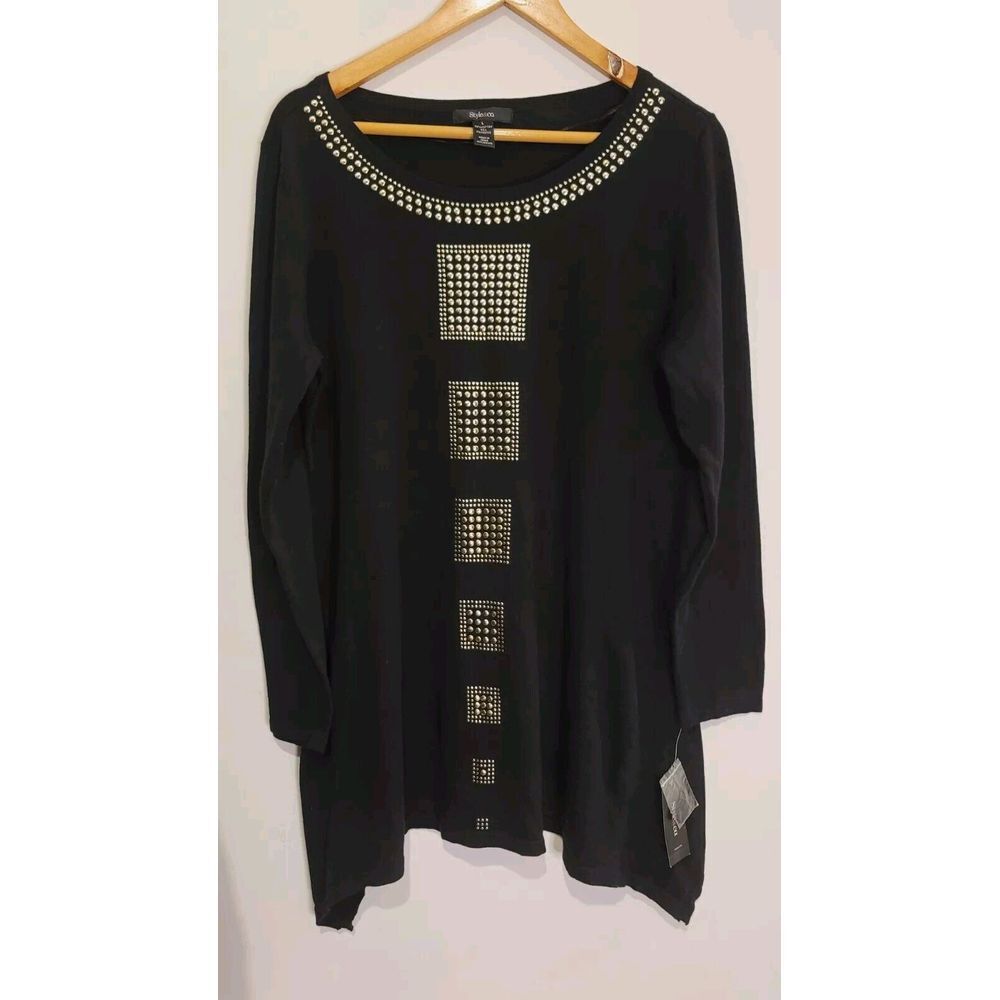 Style & Co. Women's Black Round Neck 3/4 Sleeve Tunic Sweater size L‎ Gold NWT